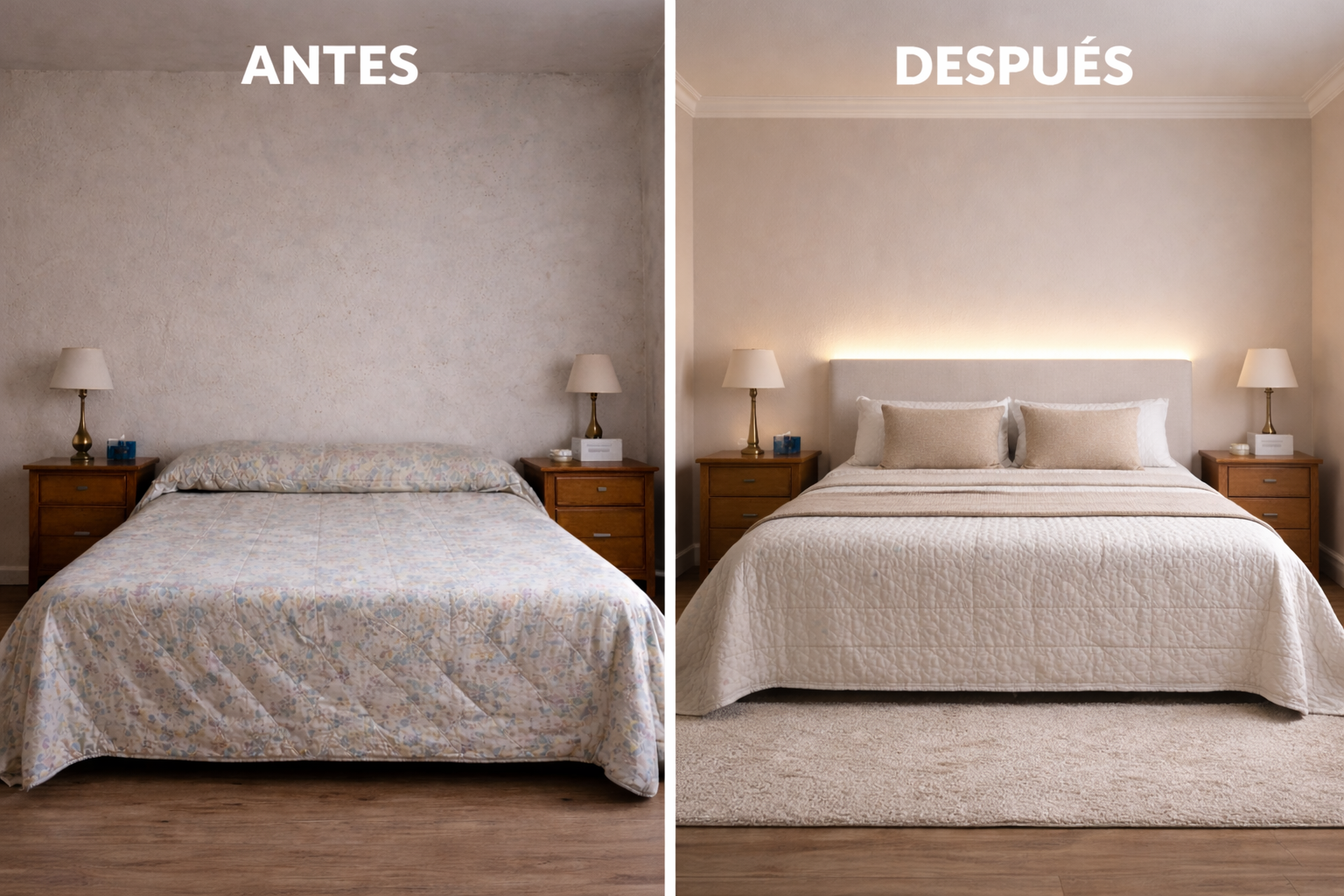 Dormitorio reformado en Barcelona: molduras, pintura y cabecero con LED cálida