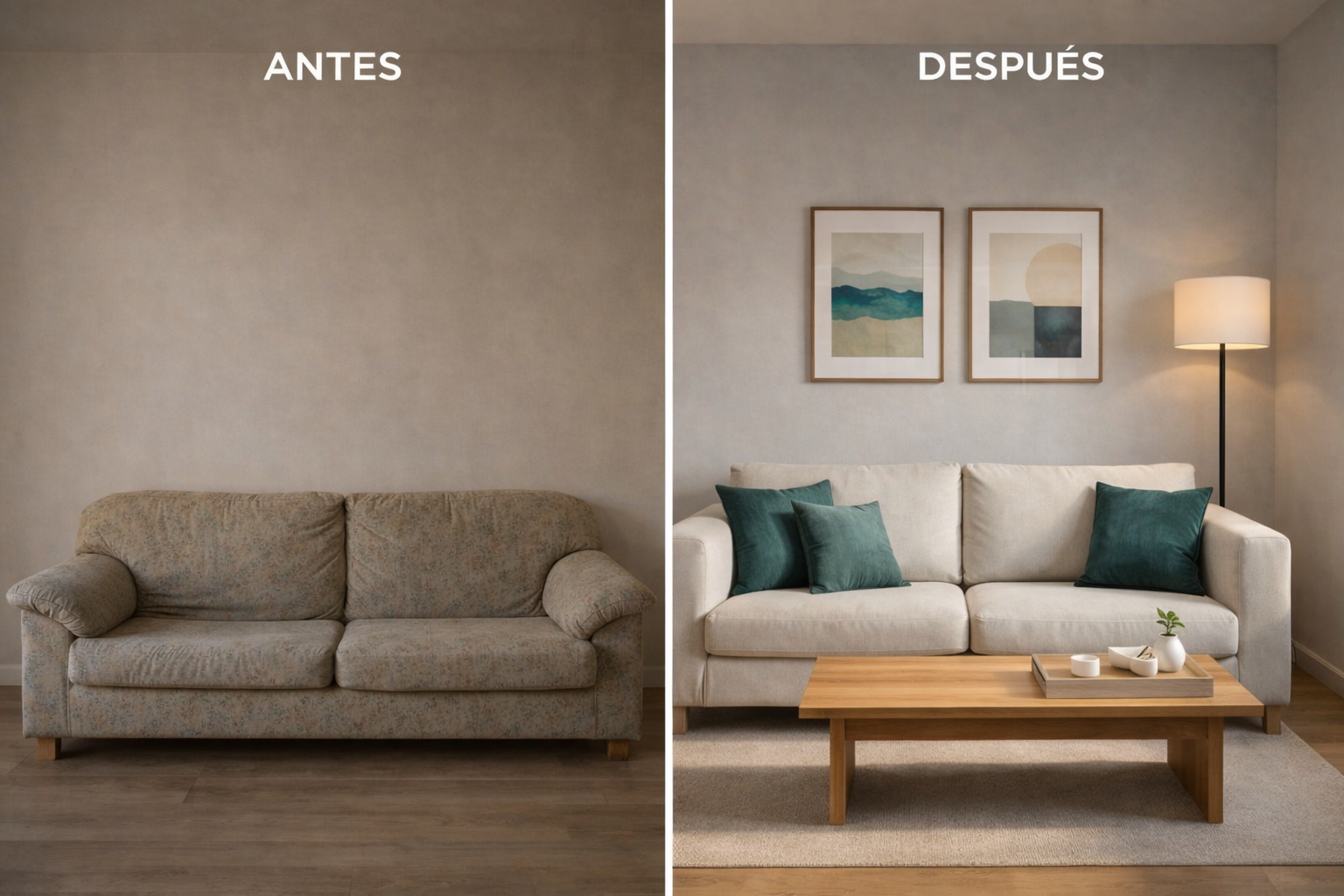 Salón reformado en Barcelona: pintura clara, textiles azules y luz natural