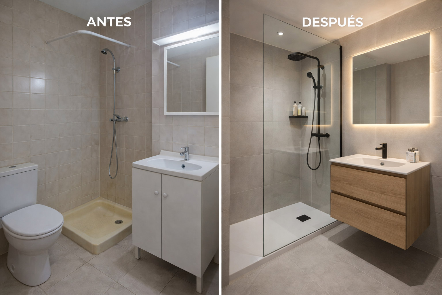 Baño reformado en Barcelona: plato de ducha, grifería negra y azulejo grande