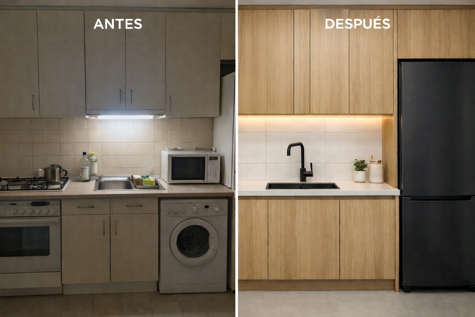 Cocina reformada en Barcelona: muebles roble claro, encimera blanca, iluminación LED